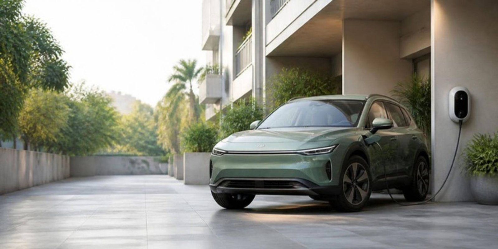 A green electric SUV charging at a wall charger in an apartment parking