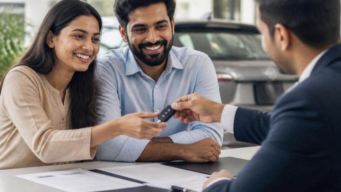 A smiling couple receiving the key to their new car from a consultant